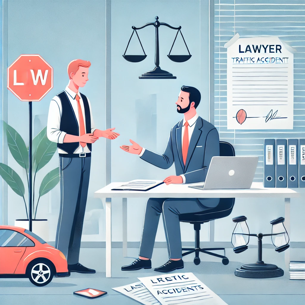 An informative and professional illustration for a legal blog about traffic accidents. The image shows a person talking to a lawyer in an office setting, with legal documents and a laptop on the table. The lawyer appears calm and trustworthy, and the client looks relieved. Subtle elements like scales of justice or legal books are present in the background. Bright, clean, and modern style suitable for embedding within a legal blog article.