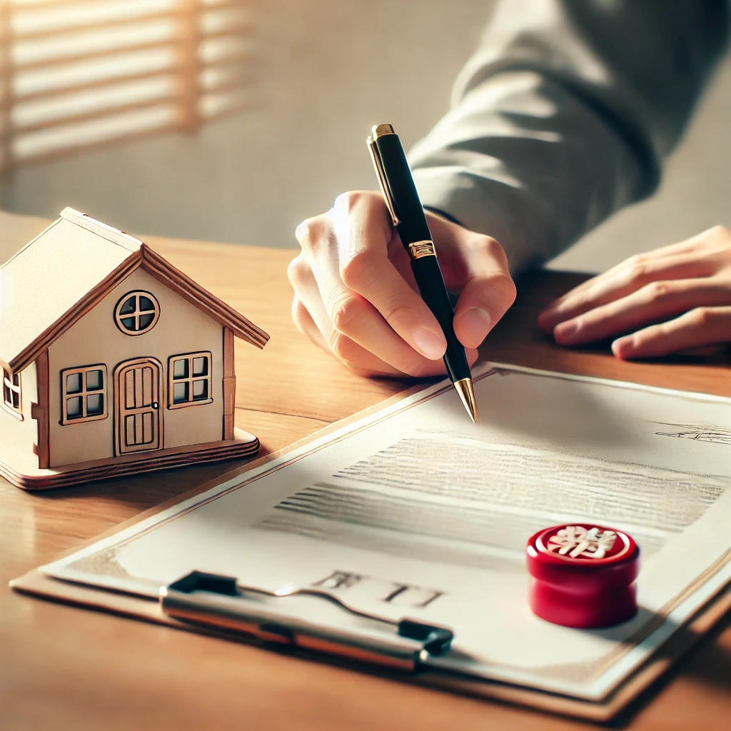 日本の不動産登記を表現したプロフェッショナルでモダンなイラストです。画像には、木製の机の上に置かれた赤い公印（ハンコ）の付いた書類、その横にある小さな模型住宅、そして署名する準備ができているペンを持つ手が含まれています。背景は柔らかくぼかされており、プロフェッショナルで公式な雰囲気を醸し出しています。配色はニュートラルで、温かみのある木の色調と柔らかい照明が特徴です。