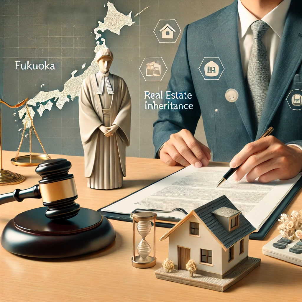 A professional and informative legal-themed image for a blog post about inheritance and estate planning in Fukuoka, Japan. The image features a lawyer discussing legal documents with a client, a judge’s gavel on a desk, and a miniature house symbolizing real estate inheritance. In the background, a map of Fukuoka Prefecture with major cities subtly highlighted. The colors are neutral with blue and gold tones, conveying trust and professionalism.