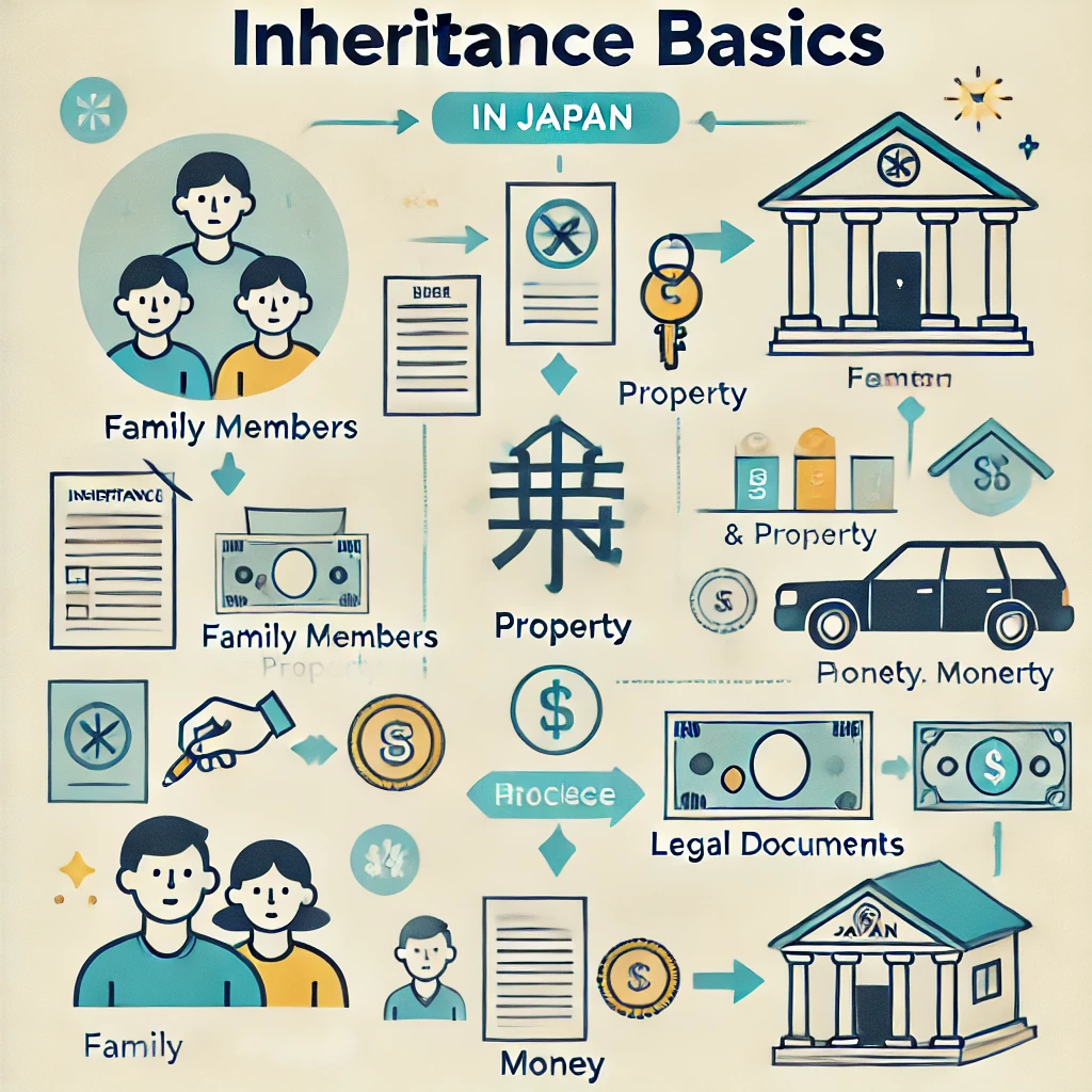 An informative infographic about inheritance basics in Japan. The image should include a clear visual representation of the inheritance process, with icons for family members, property, money, and legal documents. The flow of inheritance should be depicted in a structured and easy-to-understand manner, using arrows and labels.