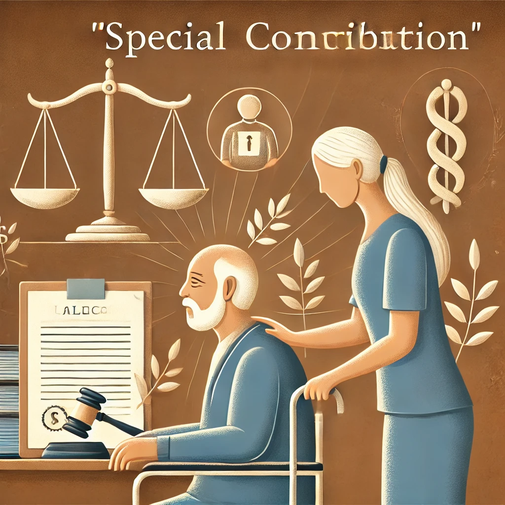 A conceptual blog illustration about "Special Contribution" in inheritance law. The image features a warm, inviting design with an elderly person being cared for by a family member (e.g., daughter-in-law) in the foreground. In the background, legal symbols such as balance scales, a document, or a gavel subtly appear, representing the legal aspect of inheritance. The overall mood is fair, appreciative, and professional, suitable for a legal blog.